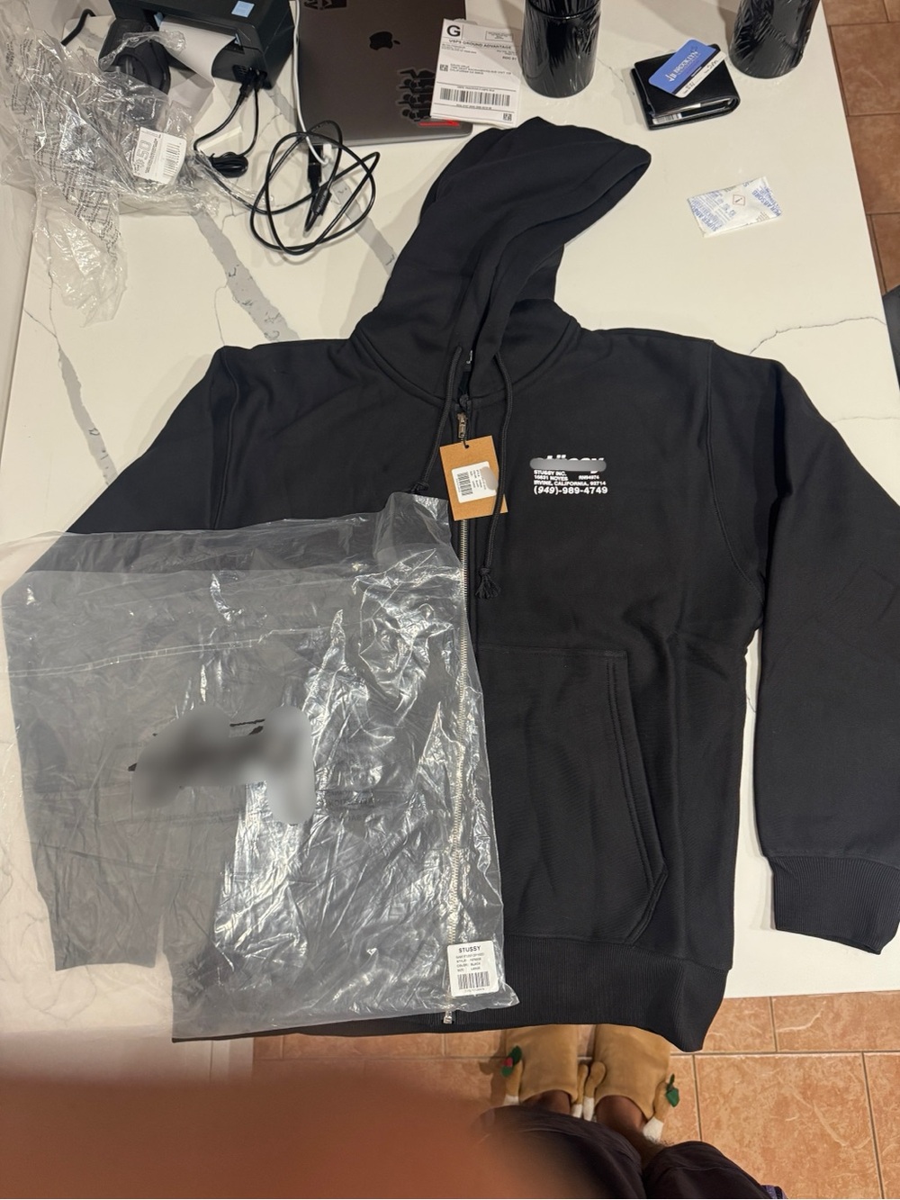 Stussy Black Zip-Up Hoodie with Small White Chest Logo